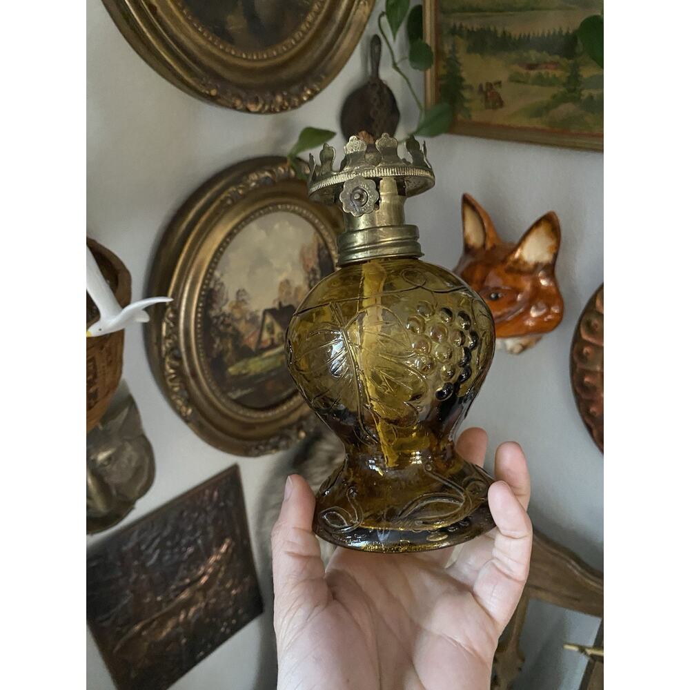 Vintage Amber Glass Oil Lamp Grapes And Leaves Embossed Glass With Wick